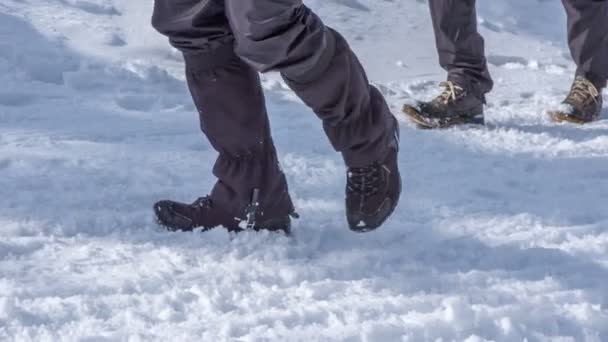 Dos Personas Caminan Lentamente Cuesta Arriba Con Botas Invierno Uno — Vídeos de Stock