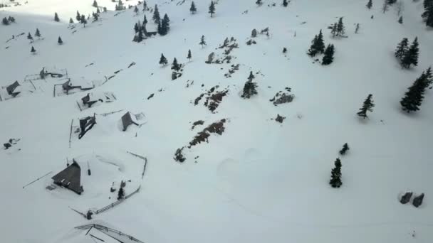 人気のあるスロベニアの山の上に雪があります 空中射撃だ冬の時間ですし 雪もすべての木造小屋をカバーしています — ストック動画