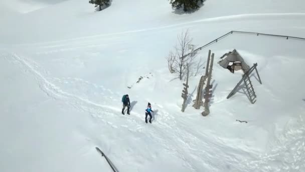 Dois Caminhantes Chegaram Topo Cabana Montanha Neve Está Por Todo — Vídeo de Stock