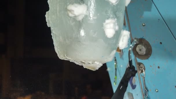 Climber Hits Big Ice Pile Cam Hook Some Ice Falls — Stock Video