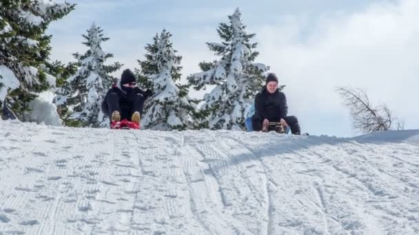 Trzy Osoby Zjeżdżają Wzgórza Tym Samym Czasie Mamy Piękny Zimowy — Wideo stockowe