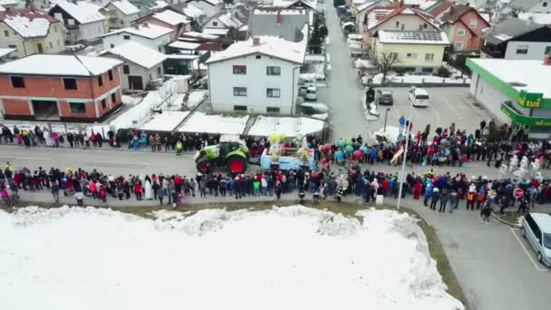Tractor Driving Street Parade Aerial Shot Winter Time Festival — Stockvideo