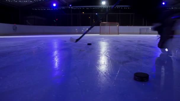 Paars Licht Ijsbaan Een Hockeyspeler Aan Het Schaatsen Ijsbaan Puck — Stockvideo