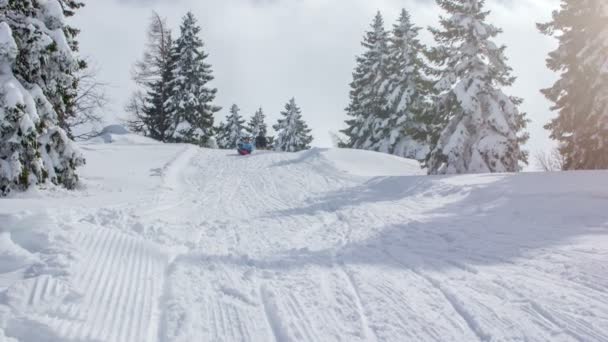 Young Woman Enjoys Sledding Hill Herself Gorgeous Winter Day Sun — Stock Video