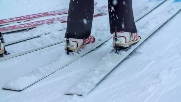 Nartach Jest Śnieg Pada Śnieg Osoba Przechodzi Lewej Prawej — Wideo stockowe