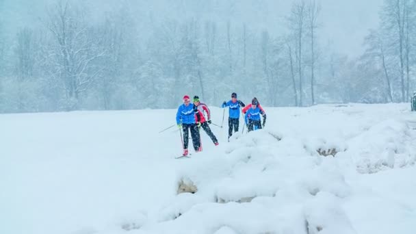 グループにはトレーニングセッションがあり クロスカントリースキーを練習しています 雪がたくさん降っています 冬だし寒いよ — ストック動画