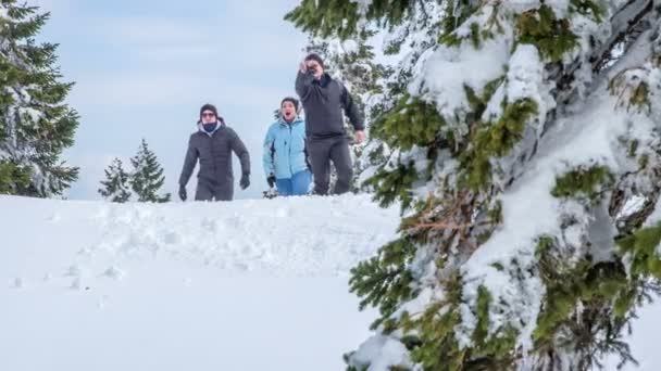 Tres Personas Han Caminado Hasta Cima Colina Están Viendo Algo — Vídeos de Stock