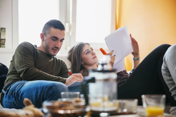 Studenti studující v obývacím pokoji — Stock fotografie