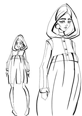 İki pozisyonda olan şık bir kızın resmi. Yaklaşık bir poz ve tam boy model. Moda tasarım sanatının moda çizimi. Moda modeli, el yapımı siyah mürekkep çizgileri izole giysiler oluşturuyor. Çizim çizimi moda siyah mürekkep sanatı