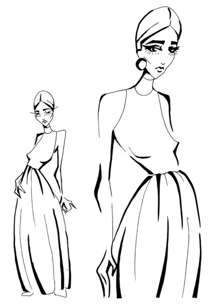 Illustration Une Fille Mode Dans Deux Positions Modèle Approximatif Pose — Photo