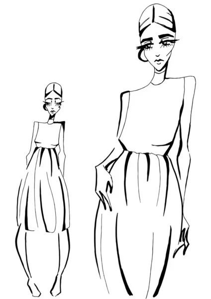 Иллюстрация Модной Девушки Двух Позициях Одна Приблизительная Поза Модель Полный — стоковое фото