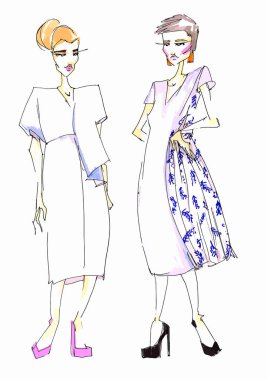 Ofis için romantik beyaz-mavi tarzında iki kadın giysisi çizimi. Moda el çizimi kadın giyim endüstrisi. Moda tasarım tasarımı konsept kıyafet çizim imleriName
