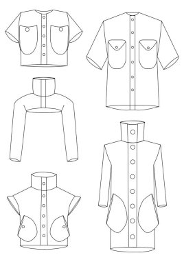  Ceketlerin, ceketlerin, boleroların ve büyük cepli trençkotların gelecekteki modellerinin teknik çizimleri ve tasarımcı tasması.