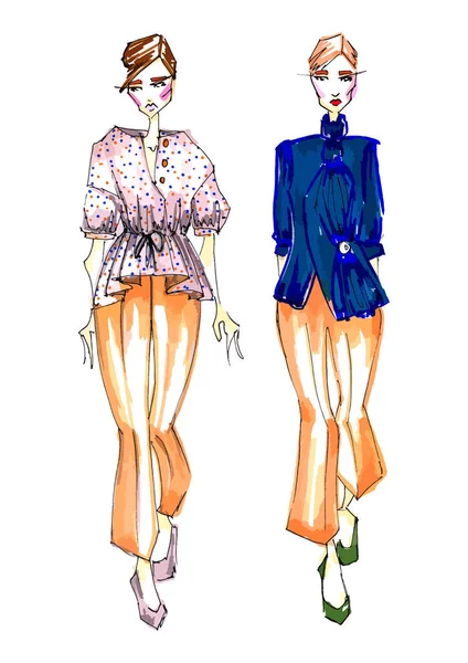 Disegnato Mano Bei Due Modelli Schizzi Moda Con Pantaloni Camicetta — Foto Stock