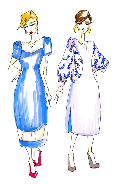 Main Dessiné Beaux Croquis Deux Modèles Vêtements Pour Femmes Pour — Photo