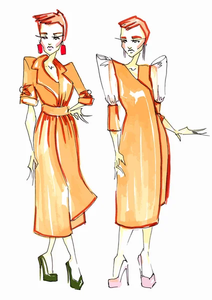 two sketches of women\'s clothing for classy casual work in mustard yellow colors