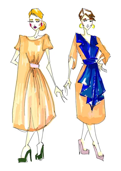 Hand drawn beautiful two sketches of women\'s clothing for classy casual work in mustard yellow colors. Fashion hand drawn illustration woman clothing industry. Fashion design sketch concept clothing  illustration markers