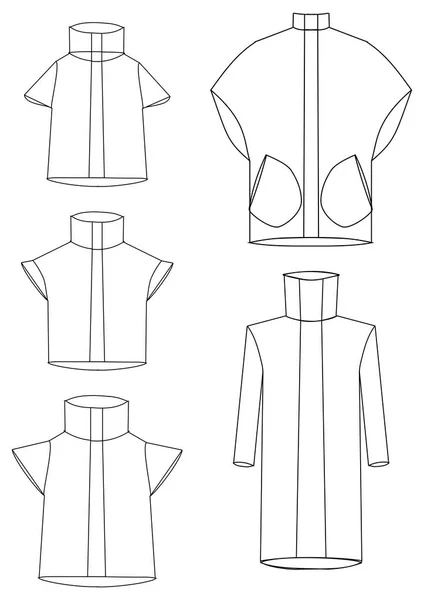 ジャケット コート ボレロと大きなポケットとデザイナーの襟とトレンチコートの未来的なモデルの技術的なスケッチ — ストック写真