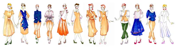 Ręcznie Rysowane Szkice Kolekcji Modnych Damskich Ubrań Biurowych Stylu Casual — Zdjęcie stockowe