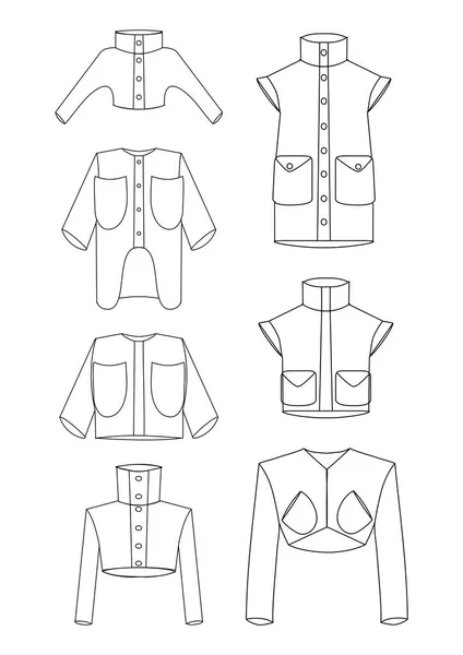 Ceketlerin Ceketlerin Boleroların Büyük Cepli Trençkotların Gelecekteki Modellerinin Teknik Çizimleri — Stok fotoğraf