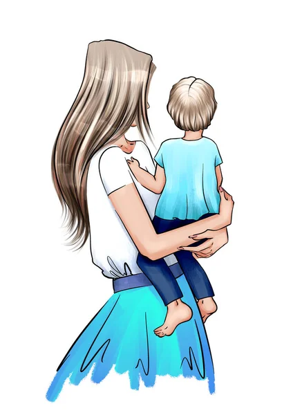 Handgezeichnete Schöne Junge Frau Mit Einem Kleinen Jungen Auf Dem — Stockfoto