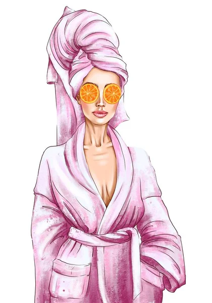 彼女の目にオレンジのマスクを持つスパバスローブに女性の手描きイラスト 頭のバスタオルとピンクのローブを着た若い女性 スパウィメンアートガールボス隔離され 白いタオルで美容室クチュールイラスト — ストック写真