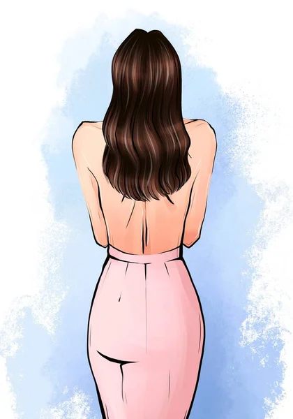 Ручной Рисунок Женщины Коричневые Волнистые Волосы Стоит Спиной Светло Розовой — стоковое фото