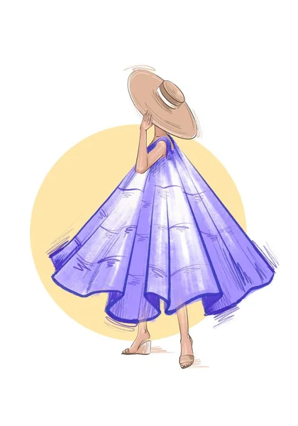 hand drawn fashion illustration woman in a magnificent summer dress holds a straw hat on her head. fashion summer illustration