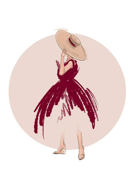 Illustration Mode Dessinée Main Femme Robe Tient Chapeau Paille Sur — Photo