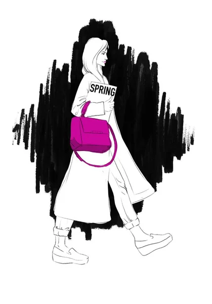 ハンドバッグで美しい若い女性を描いた手 手描きの女性は黒を背景にフクシア色の大きな袋とファッション雑誌で歩く — ストック写真