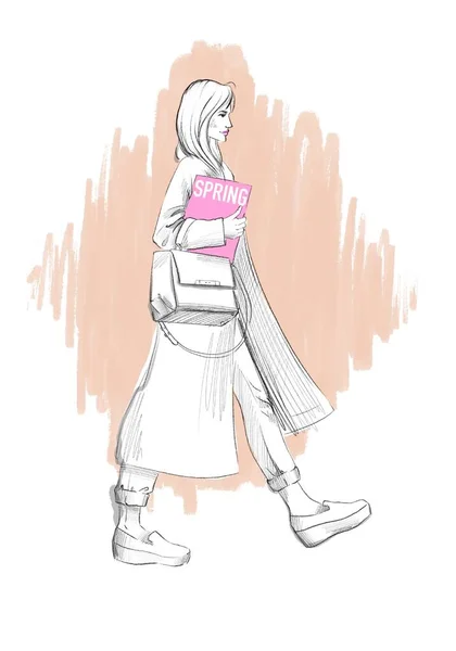 ハンドバッグで美しい若い女性を描いた手 女性のスケッチは桃の背景に大きなバッグやファッション誌と一緒に歩いています — ストック写真