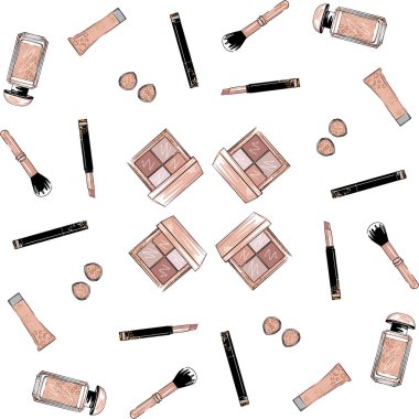 El çizimi çok güzel minimalist makyaj seti. Ruj, göz gölgesi, toz, parfüm, fırça ve rimel ile el yapımı kozmetik.