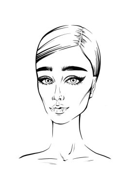 Güzel moda kadın mürekkep portresi. Uzun kirpikli siyah beyaz kadın yüzü için el çizimi çizimi. Siyah beyaz kadın saç stili minimalist, kız yüzü portresi.