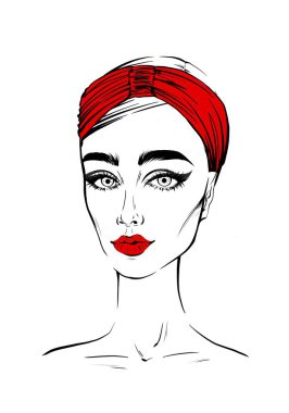 Eşarplı, el çizimi bir kadın. Kırmızı saç stili fiyonklu kadının moda portresi gerçekçi yüzü. Oklar kedi gözleri parlak ruj minimalizm eskizi siyah-beyaz retro tarzı sanat baskısı, tebrik kartı tasarımı, davetiye tasarımı