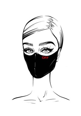 Beautiful fashion woman portrait hand-drawn in a black protective mask. Ink sketch woman in quarantine mask. Isolated fashion drawing girl long eyelashes and brows. Handlettering face mask art poster. illustration for black white print, greeting card clipart