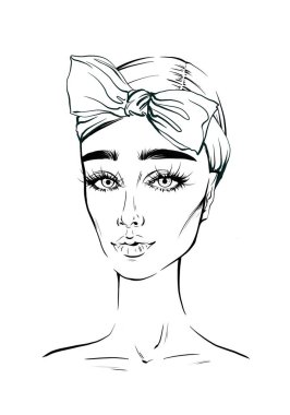 Güzel moda kadın mürekkep portresi. Uzun kirpikli siyah beyaz kadın yüzü için el çizimi çizimi. Siyah beyaz kadın saç stili minimalist, kız yüzü portresi. Fularlı bir moda kızının resmi.