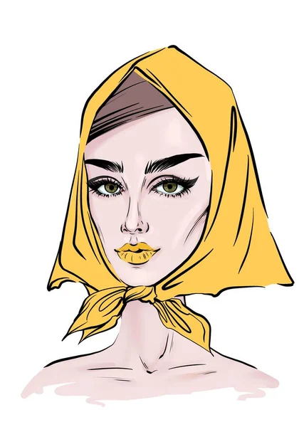 Stilvolle Frau Schal Handgezeichnete Skizze Fashion Portrait Illustration Realistisches Gesicht — Stockfoto