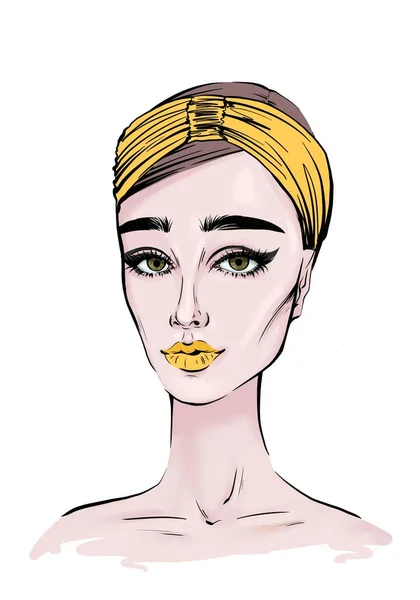 스카프를 손으로 노란색 예술화 스타일의 초상화는 스타일의 여성의 현실적 얼굴을 — 스톡 사진