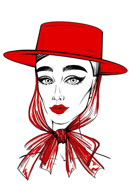 Estilo Mujer Sombrero Bosquejo Dibujado Mano Ilustración Retrato Moda Cara — Foto de Stock