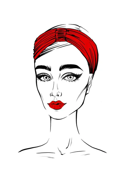 Estilo Mujer Bufanda Boceto Dibujado Mano Retrato Moda Ilustración Cara — Foto de Stock