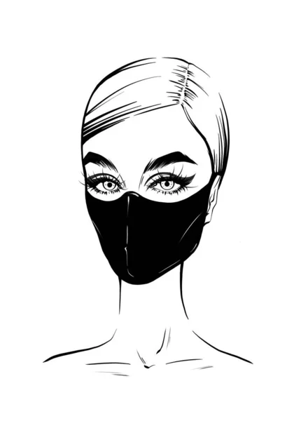 Beautiful fashion woman portrait hand-drawn in a black protective mask. Ink sketch woman in quarantine mask. Isolated fashion drawing girl long eyelashes and brows. Handlettering face mask art poster. illustration for black white print, greeting card