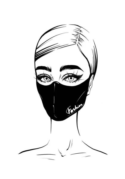 Bela Mulher Moda Retrato Desenhado Mão Uma Máscara Protetora Preta — Fotografia de Stock