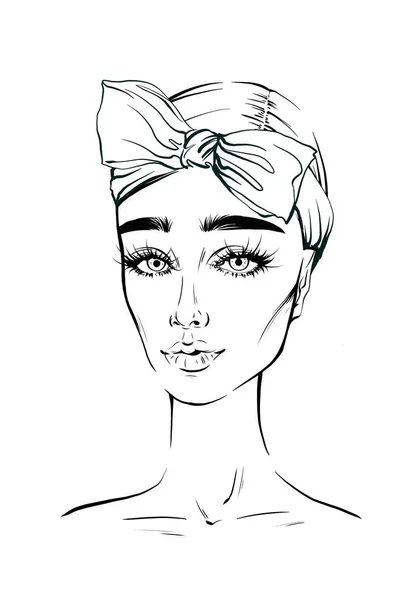 Fashion Beautiful Woman Ink Portrait Hand Drawn Illustration Black White — Stock Photo, Image