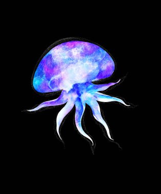 Modern parlak neon renklerdeki suluboya denizanaları siyah arka planda izole edilmiş su altı canlı tasarım büyük boyutta tasarım elementi sihirli stil, mor mor mor menekşe parlak pembe sıvı renkli