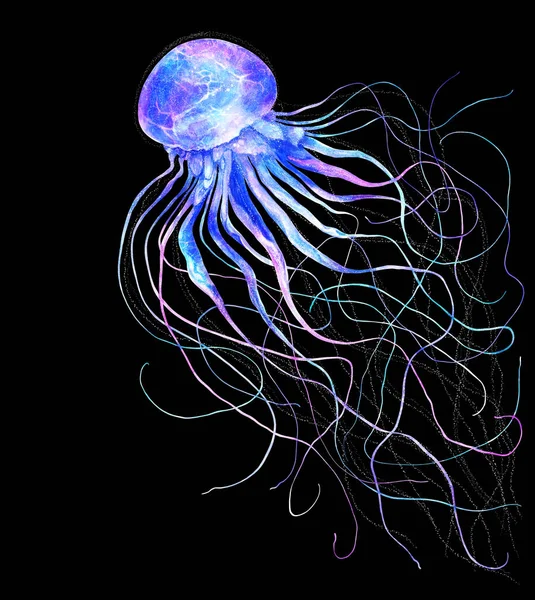Medusa acquerello in moderni colori luminosi al neon isolati su sfondo nero illustrazione subacquea vivida in grandi dimensioni Elemento di design in stile magico, viola blu bagliore rosa fluido colorato — Foto Stock