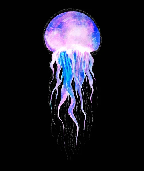 Medusas de acuarela en modernos colores brillantes de neón aislados sobre fondo negro ilustración viva bajo el agua en gran tamaño Elemento de diseño en estilo mágico, púrpura azul violeta brillo rosa fluido colorido — Foto de Stock