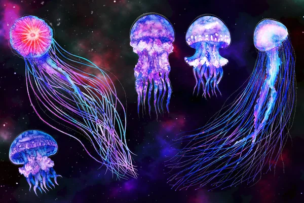 Jellyfish Set Watercolor Galaxy Space Background Fantastic Illustration Medusa Sky — Stock Photo, Image