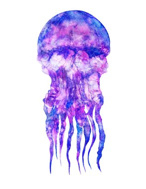 Modern parlak neon renklerinde suluboya denizanası siyah arka planda izole edilmiş fütüristik gerçekçi illüstrasyon büyük boyutlu tasarım elementi sihirli stil, mor mor menekşe parlak pembe sıvı renk