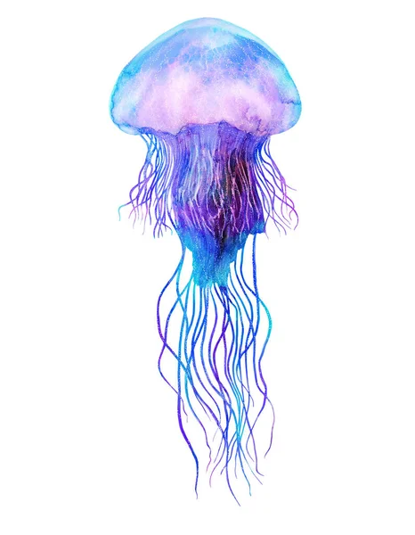 Watercolor Jellyfish Modern Bright Neon Colors Isolated Black Background Futuristic — Stock Photo, Image