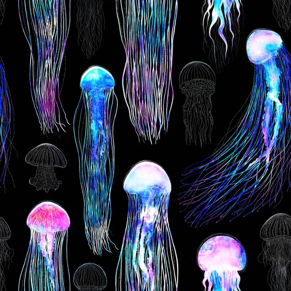 Pattern Seamless Jellyfishes Space Colorful Repeat Texture Wallpaper Illustration Night — Stock Photo, Image